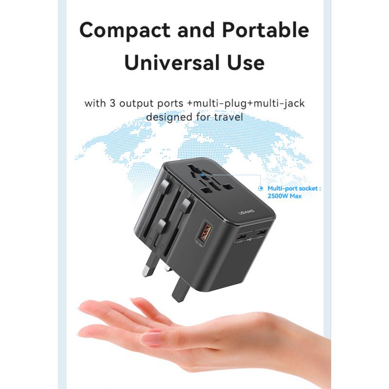 USAMS φορτιστής/αντάπτορας πρίζας CC309, USB & 2x USB-C, universal, 25W, μαύρος – φωτογραφία 2