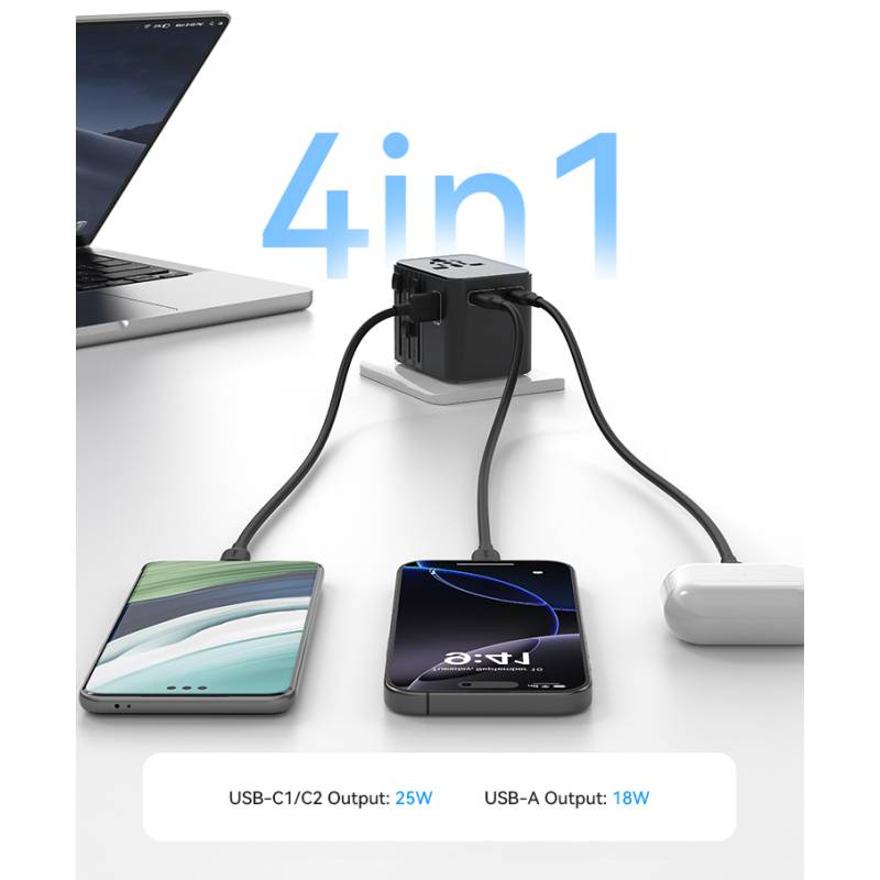 USAMS φορτιστής/αντάπτορας πρίζας CC309, USB & 2x USB-C, universal, 25W, μαύρος – φωτογραφία 3