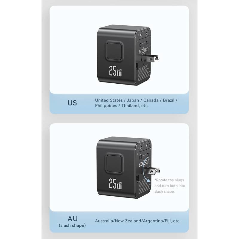 USAMS φορτιστής/αντάπτορας πρίζας CC309, USB & 2x USB-C, universal, 25W, μαύρος – φωτογραφία 6