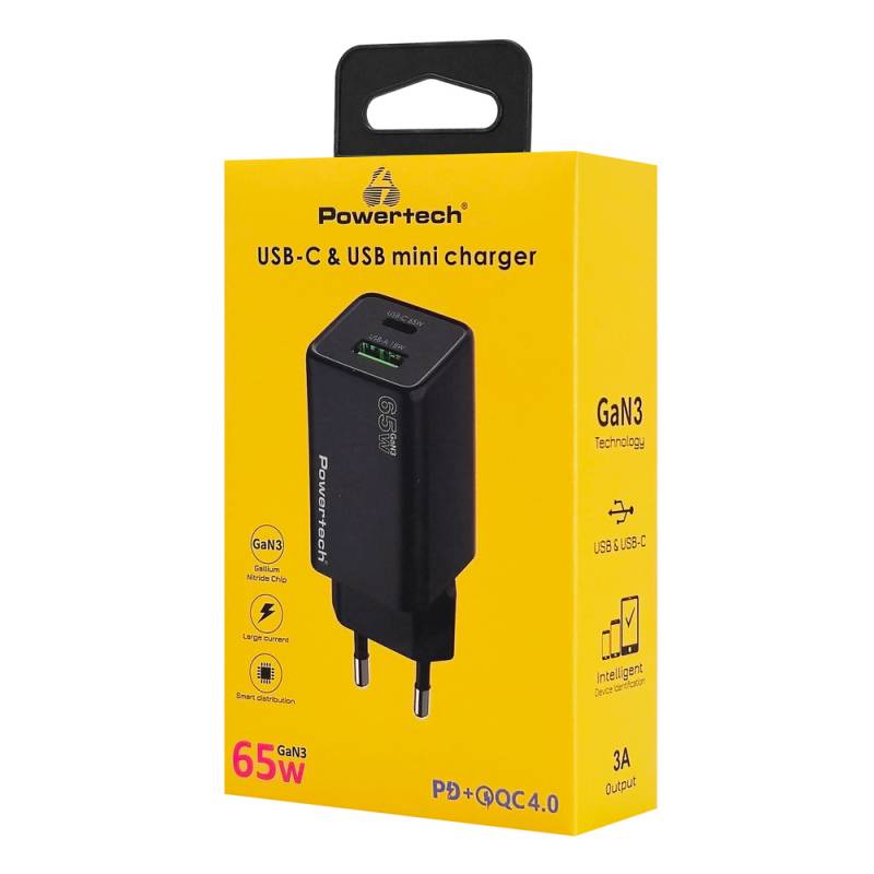 Powertech φορτιστής τοίχου PT-1501, USB/USB-C, 65W, GaN, μαύρος – φωτογραφία 4