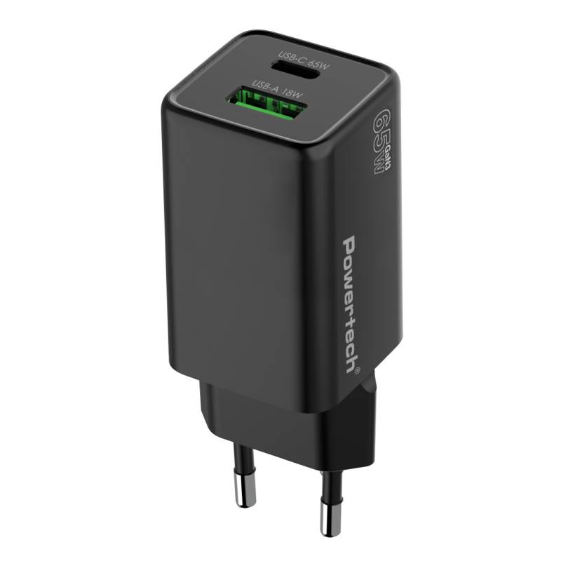 Powertech φορτιστής τοίχου PT-1501, USB/USB-C, 65W, GaN, μαύρος Powertech φορτιστής τοίχου PT-1501, USB/USB-C, 65W, GaN, μαύρος