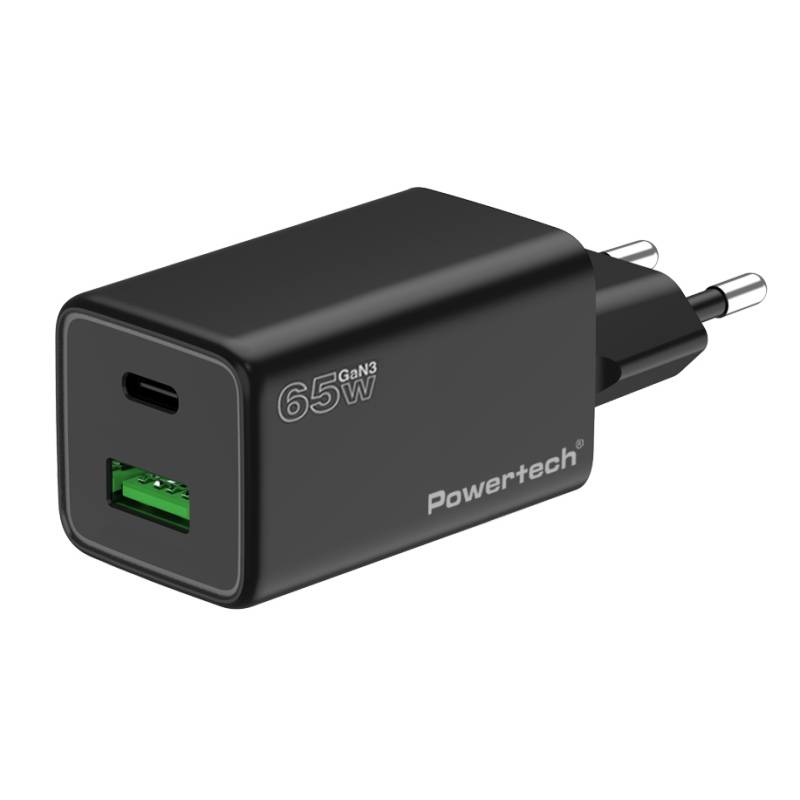 Powertech φορτιστής τοίχου PT-1501, USB/USB-C, 65W, GaN, μαύρος – φωτογραφία 2