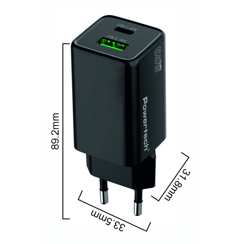 Powertech φορτιστής τοίχου PT-1501, USB/USB-C, 65W, GaN, μαύρος – φωτογραφία 5