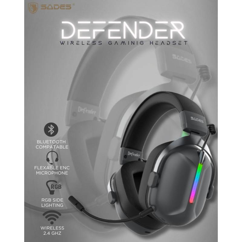 Sades gaming headset Defender, ασύρματα & ενσύρματα, 50mm, 1050mAh, RGB, multi-platform, μαύρο – φωτογραφία 4