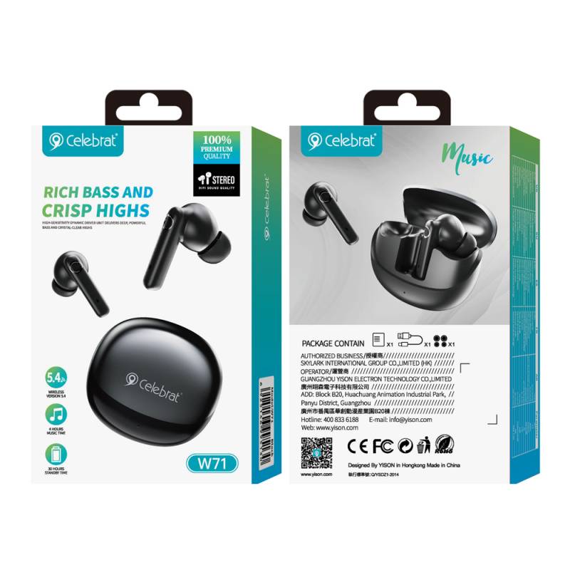 Celebrat earphones με θήκη φόρτισης W71, True Wireless, 10mm, 30/200mAh, μαύρα – φωτογραφία 4
