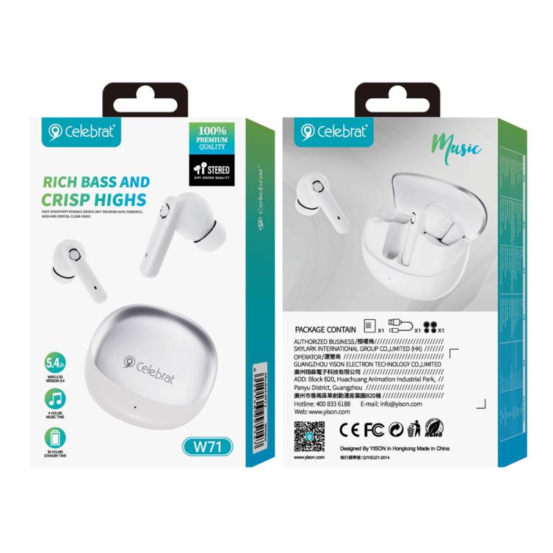 Celebrat earphones με θήκη φόρτισης W71, True Wireless, 10mm, 30/200mAh, λευκά – φωτογραφία 4