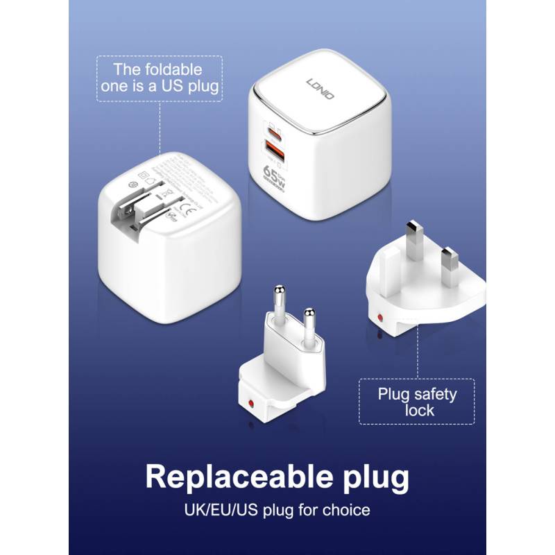 Ldnio φορτιστής τοίχου Q2617 με καλώδιο USB-C, EU/UK/US βύσμα, USB/USB-C, 65W, GaN, λευκός – φωτογραφία 2