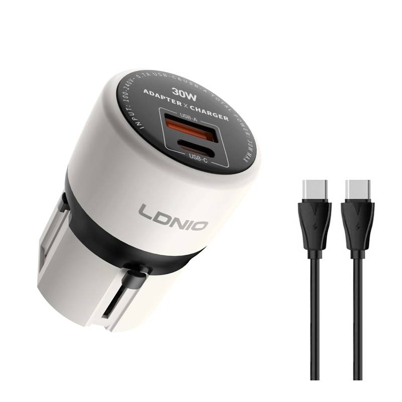 Ldnio φορτιστής τοίχου Q2319 με καλώδιο USB-C, EU/UK/US/AU βύσμα, USB/USB-C, 30W, γκρι