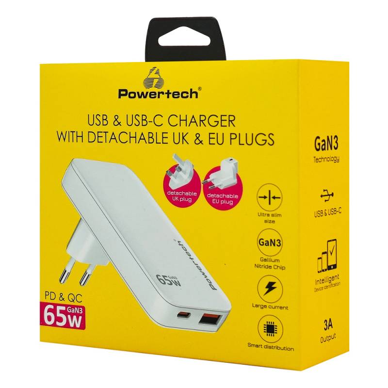 Powertech φορτιστής τοίχου PT-1532, EU/UK/CN βύσμα, USB/USB-C, 65W, GaN, λευκός – φωτογραφία 4