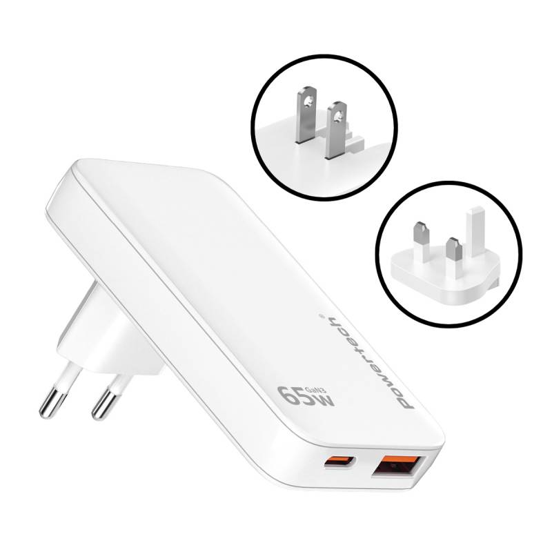 Powertech φορτιστής τοίχου PT-1532, EU/UK/CN βύσμα, USB/USB-C, 65W, GaN, λευκός