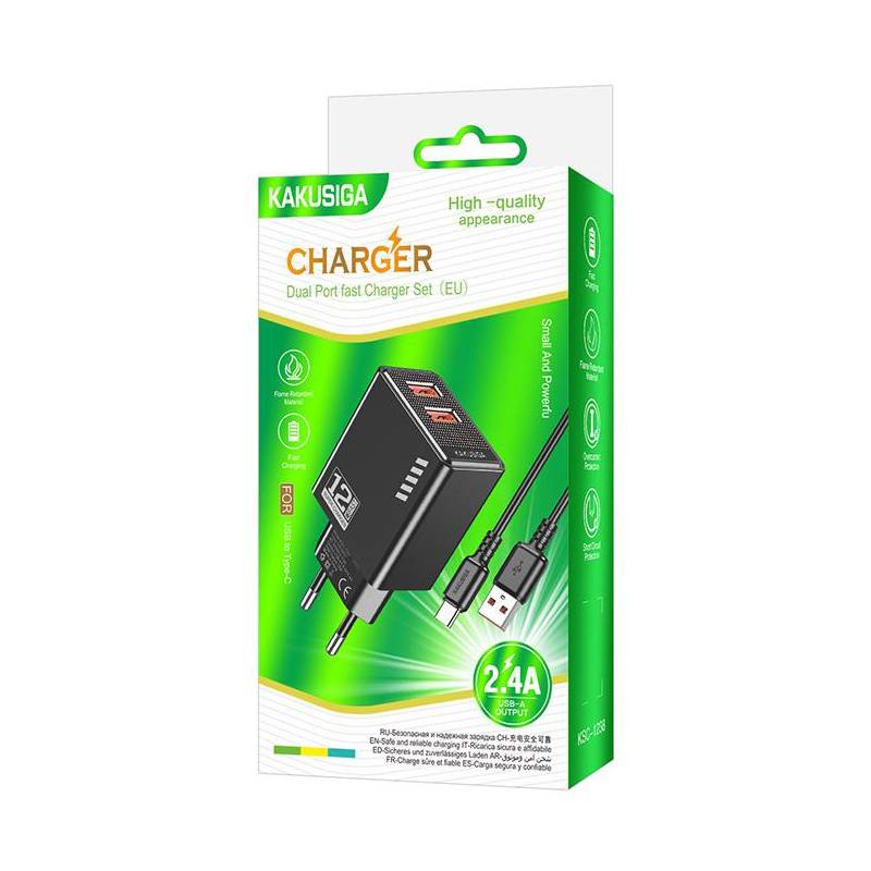 Kakusiga φορτιστής τοίχου KSC-1238 με καλώδιο USB-C, 2x USB, 12W, μαύρος – φωτογραφία 3