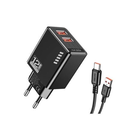 KAKUSIGA φορτιστής τοίχου KSC-1238 με καλώδιο USB-C, 2x USB, 12W, μαύρος