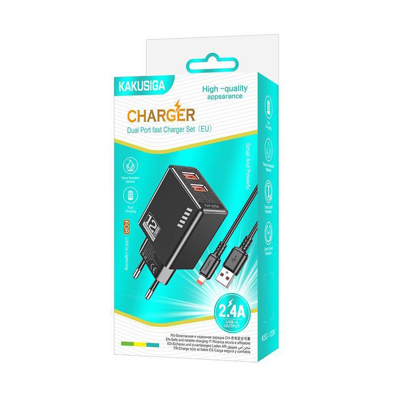 Kakusiga φορτιστής τοίχου KSC-1238 με καλώδιο Lightning, 2x USB, 12W, μαύρος – φωτογραφία 3