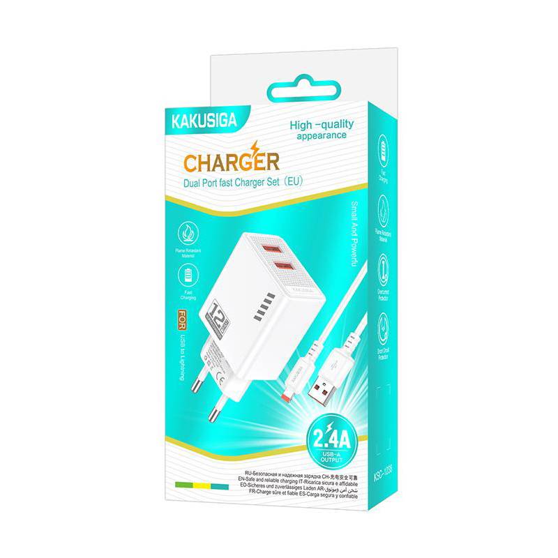 Kakusiga φορτιστής τοίχου KSC-1238 με καλώδιο Lightning, 2x USB, 12W, λευκός – φωτογραφία 3