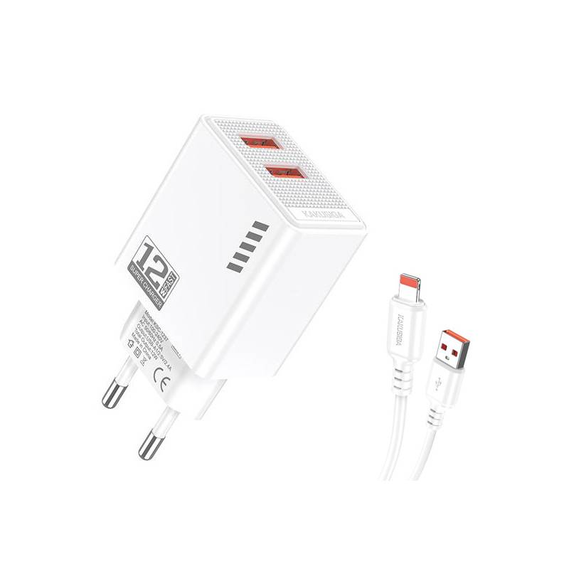 Kakusiga φορτιστής τοίχου KSC-1238 με καλώδιο Lightning, 2x USB, 12W, λευκός Kakusiga φορτιστής τοίχου KSC-1238 με καλώδιο Lightning, 2x USB, 12W, λευκός