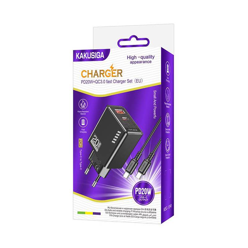 Kakusiga φορτιστής τοίχου KSC-1240 με καλώδιο USB-C, USB & USB-C, 20W, μαύρος – φωτογραφία 3