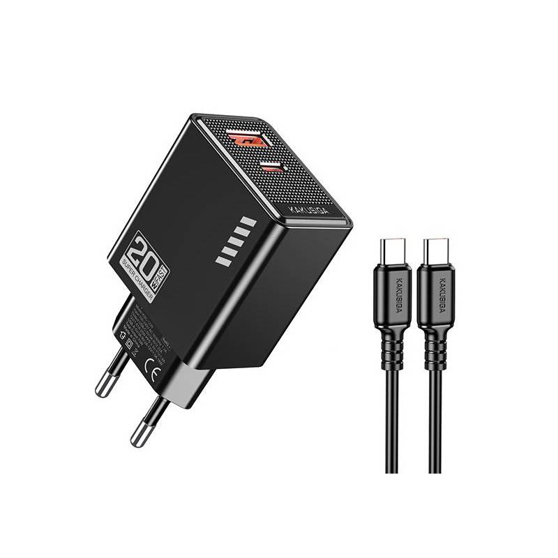 Kakusiga φορτιστής τοίχου KSC-1240 με καλώδιο USB-C, USB & USB-C, 20W, μαύρος