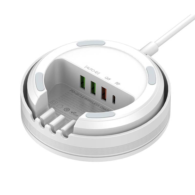 Ldnio σταθμός φόρτισης AW003, USB-C/3x USB/wireless, 32W, PD/QC, λευκός – φωτογραφία 4