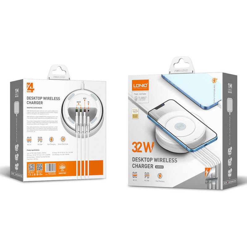Ldnio σταθμός φόρτισης AW003, USB-C/3x USB/wireless, 32W, PD/QC, λευκός – φωτογραφία 5