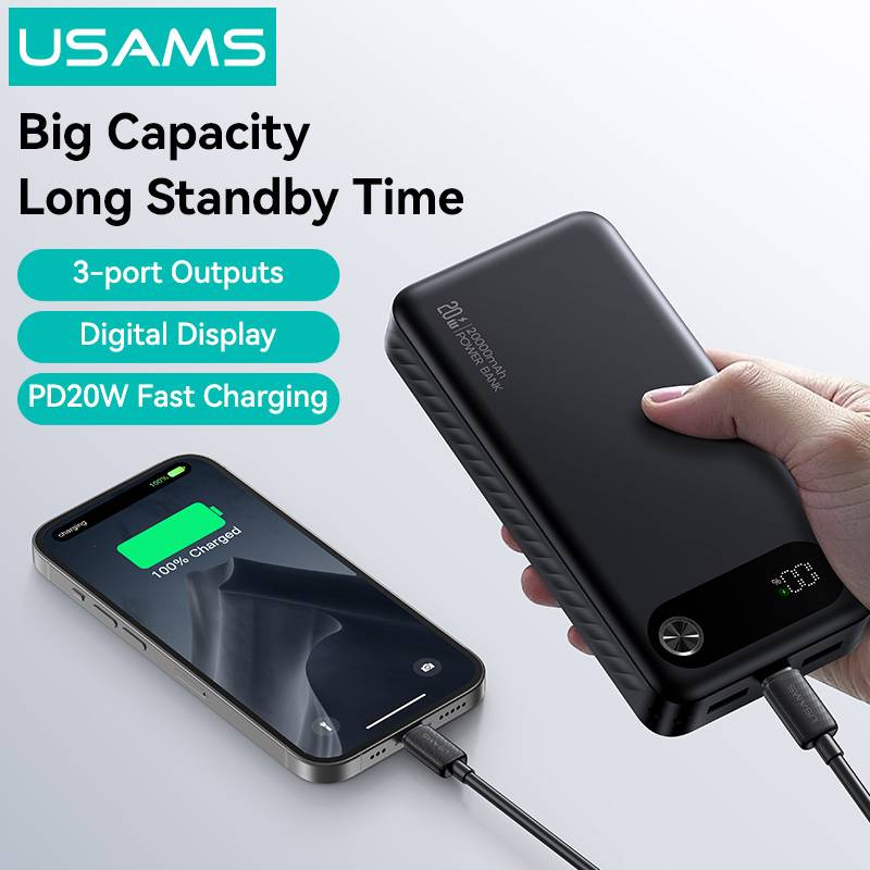 USAMS power bank CD251 με οθόνη, 3x θύρες εξόδου, 20000mAh, PD20W, λευκό – φωτογραφία 6