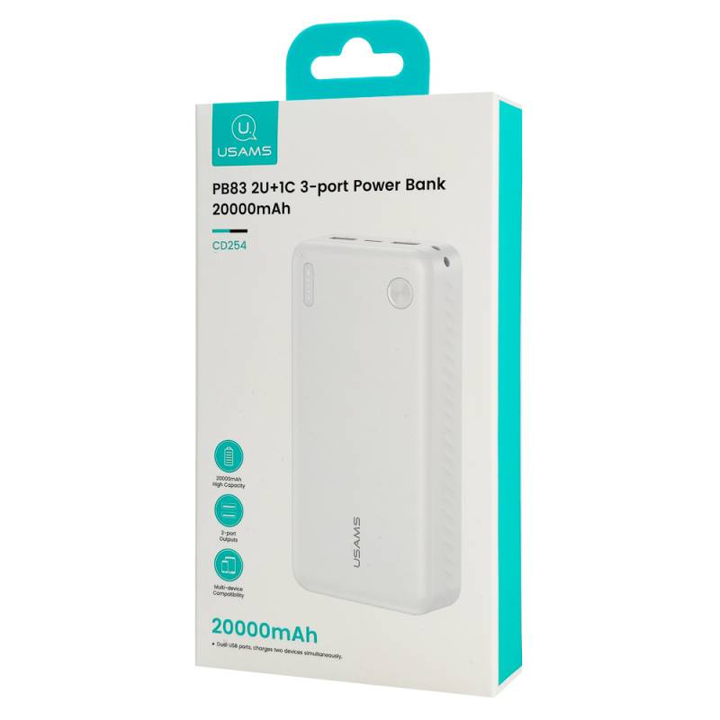 USAMS power bank CD254, 2x θύρες εξόδου, 20000mAh, 10W, λευκό – φωτογραφία 6
