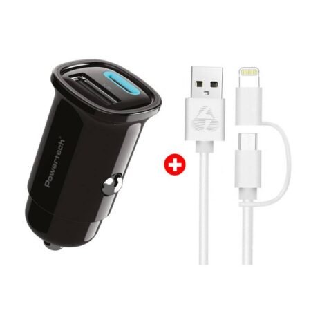 POWERTECH φορτιστής αυτοκινήτου με καλώδιο MFi USB σε micro USB/Lightning BNDL-0206, USB & USB-C, 30W, μαύρο/λευκό