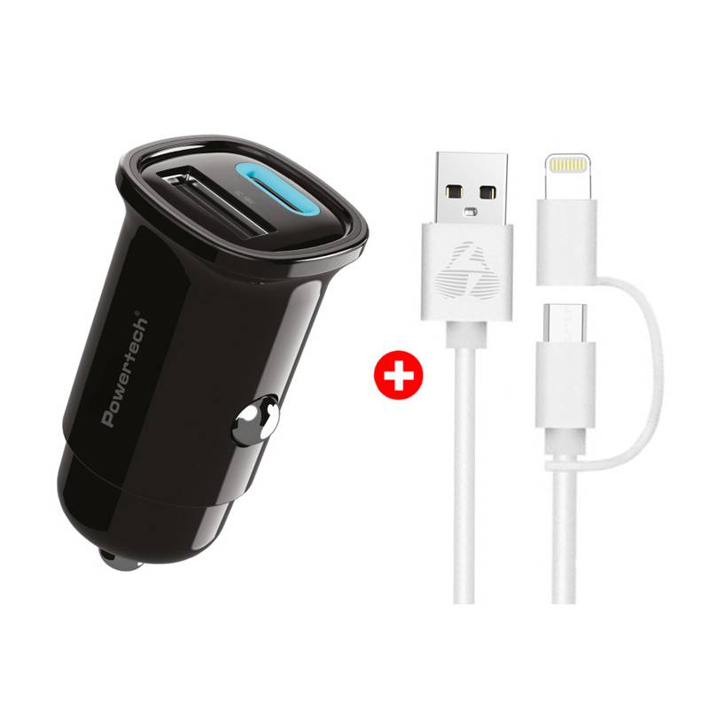 Powertech φορτιστής αυτοκινήτου με καλώδιο MFi USB σε micro USB/Lightning BNDL-0206, USB & USB-C, 30W, μαύρο/λευκό