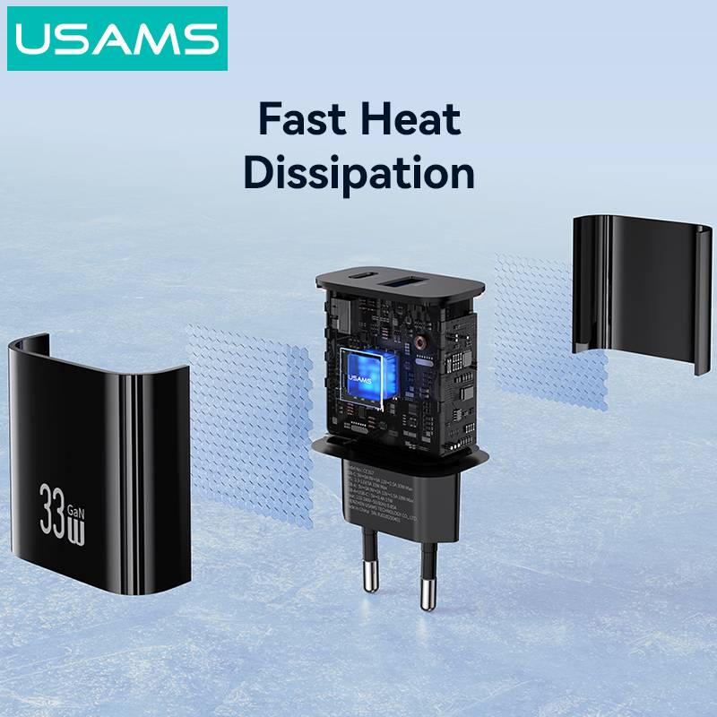 USAMS φορτιστής τοίχου CC317, USB & USB-C, 33W, GaN, μαύρος – φωτογραφία 5