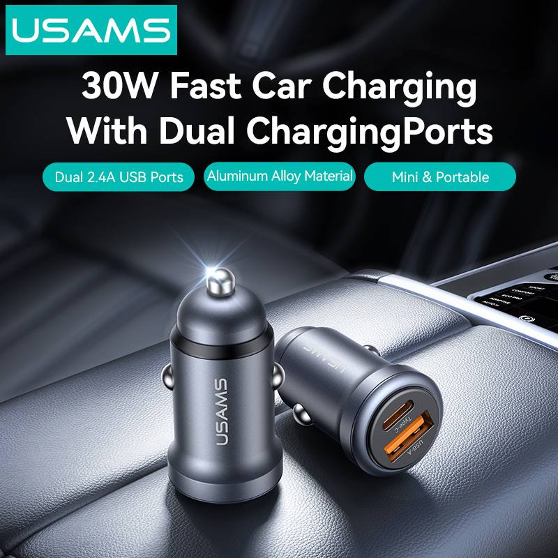 USAMS φορτιστής αυτοκινήτου CC322, USB & USB-C, 30W, γκρι – φωτογραφία 6