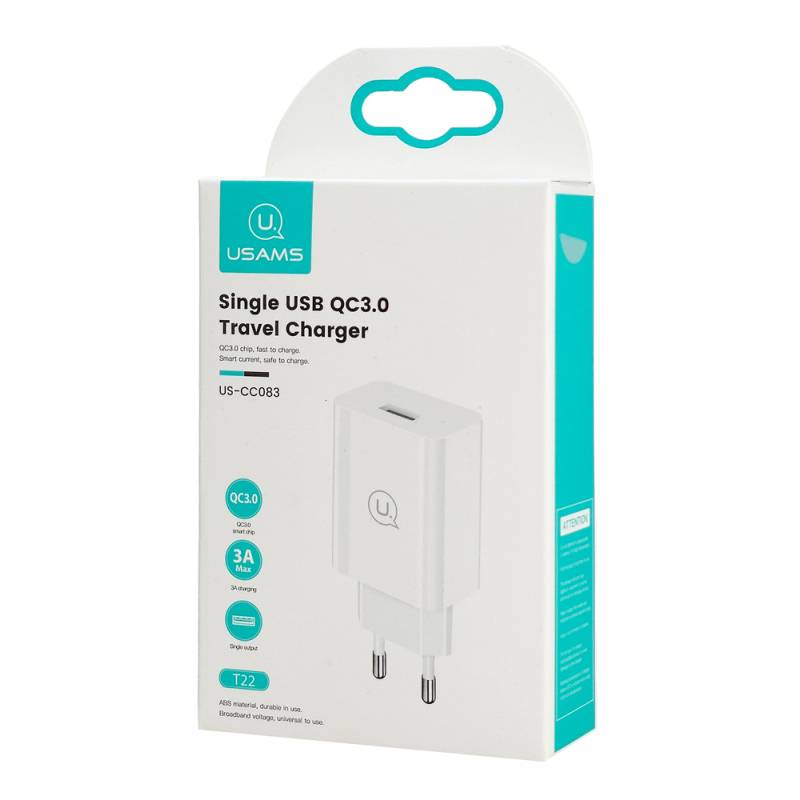 USAMS φορτιστής τοίχου T22, 1x USB, QC3.0 18W 3A, λευκός – φωτογραφία 4