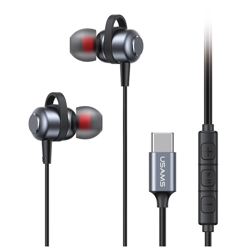 USAMS earphones με μικρόφωνο US-SJ758, USB-C σύνδεση, μεταλλικά, 1.2m, γκρι
