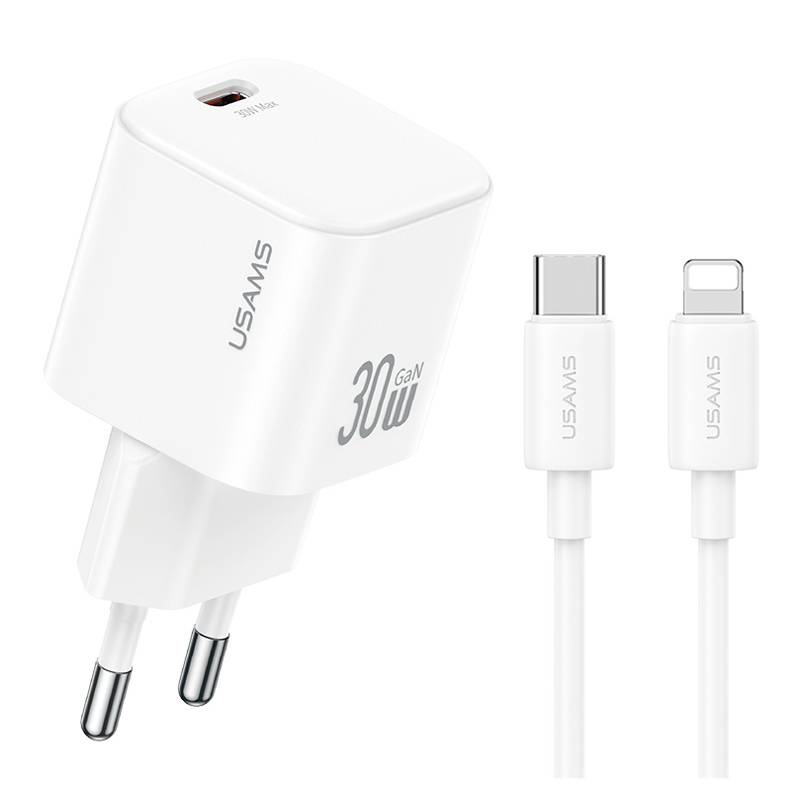 USAMS φορτιστής τοίχου CC262 με καλώδιο Lightning, 30W, GaN, λευκός USAMS φορτιστής τοίχου CC262 με καλώδιο Lightning, 30W, GaN, λευκός