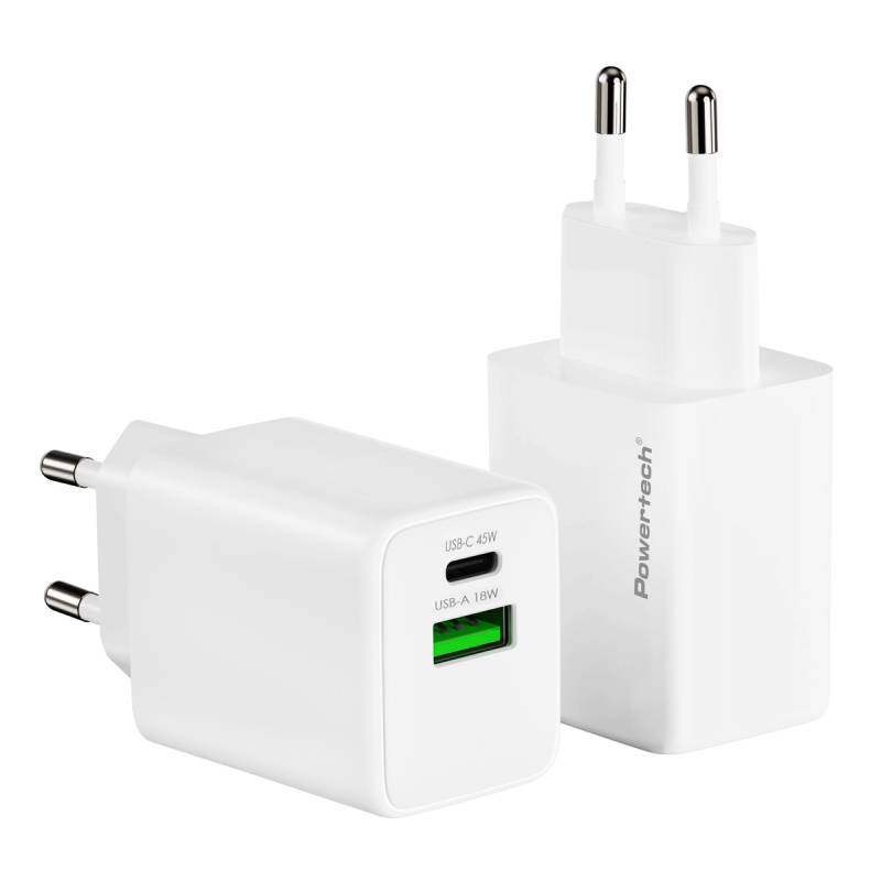 Powertech φορτιστής τοίχου PT-1551, USB/USB-C, 45W, GaN, AVS, λευκός – φωτογραφία 2