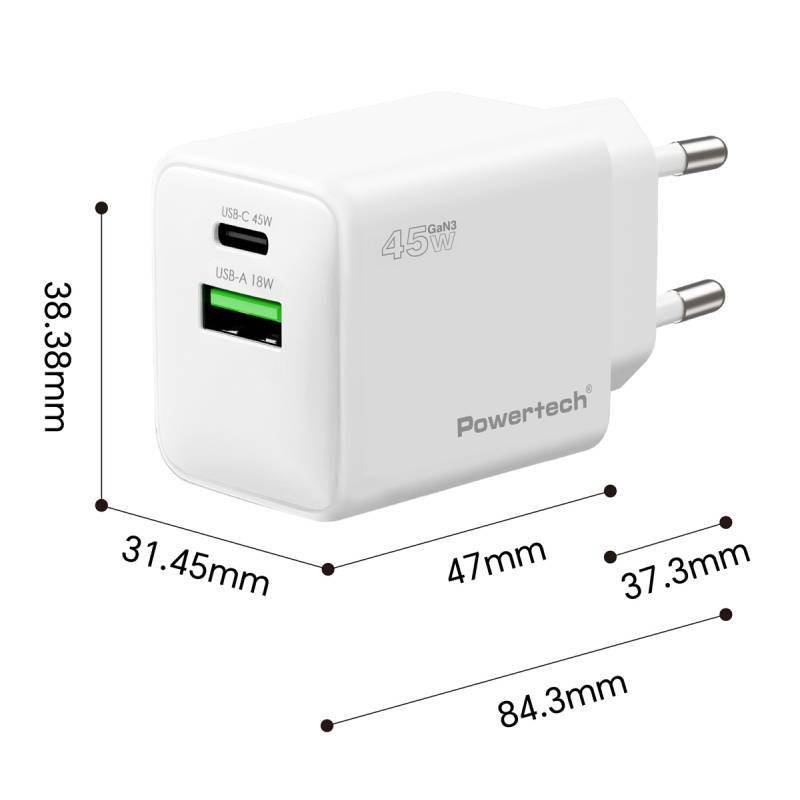 Powertech φορτιστής τοίχου PT-1551, USB/USB-C, 45W, GaN, AVS, λευκός – φωτογραφία 3