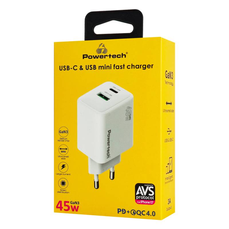 Powertech φορτιστής τοίχου PT-1551, USB/USB-C, 45W, GaN, AVS, λευκός – φωτογραφία 4