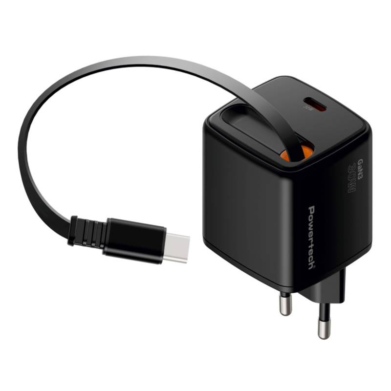 Powertech φορτιστής τοίχου PT-1571 με πτυσσόμενο καλώδιο, USB-C, 30W, GaN, μαύρος – φωτογραφία 2