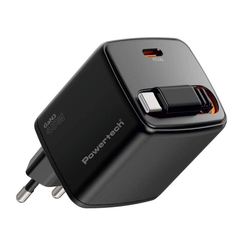 Powertech φορτιστής τοίχου PT-1572 με πτυσσόμενο καλώδιο, USB-C, 45W, GaN, μαύρος