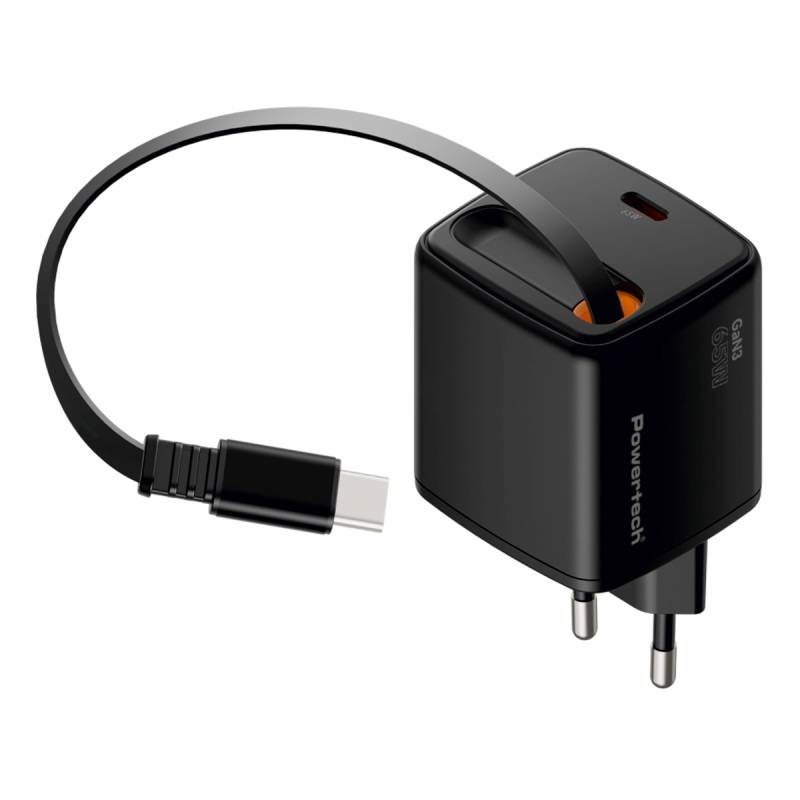 Powertech φορτιστής τοίχου PT-1573 με πτυσσόμενο καλώδιο, USB-C, 65W, GaN, μαύρος – φωτογραφία 2