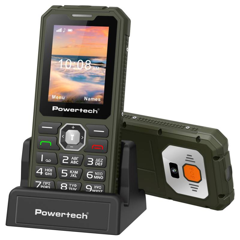 Powertech κινητό τηλέφωνο Sentry Armor, dual SIM, πλήκτρο SOS, 4G, IP67, χακί