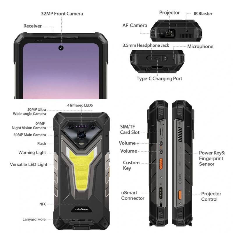 Ulefone smartphone Armor 34 Pro Plus με βιντεοπροβολέα, 6.95", 5G, 16/512GB, 25500mAh, IP68/IP69K/MIL-STD-810H, μαύρο – φωτογραφία 5