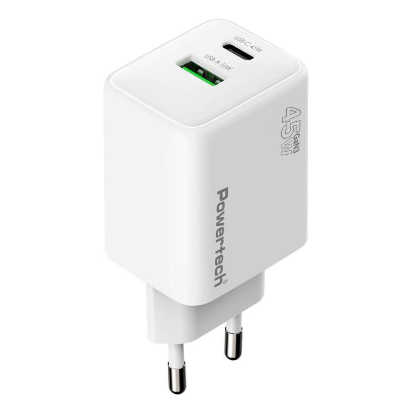 Powertech φορτιστής τοίχου PT-1551, USB/USB-C, 45W, GaN, AVS, λευκός