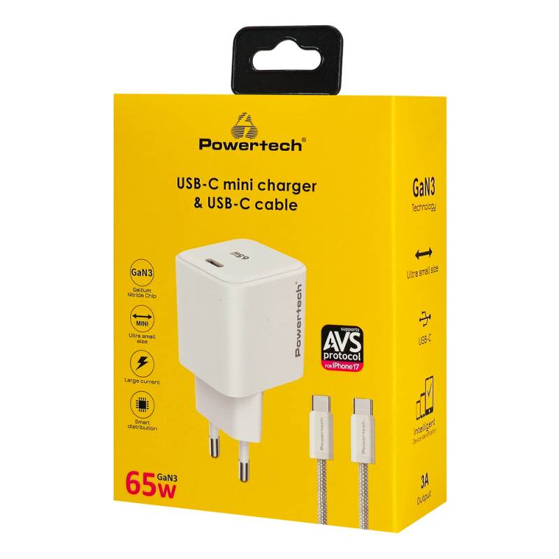 Powertech φορτιστής τοίχου PT-1577 με καλώδιο, USB-C, 65W, GaN, AVS, λευκός – φωτογραφία 3