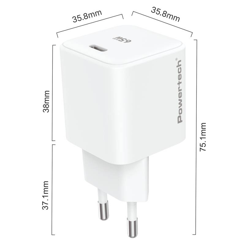 Powertech φορτιστής τοίχου PT-1577 με καλώδιο, USB-C, 65W, GaN, AVS, λευκός – φωτογραφία 4