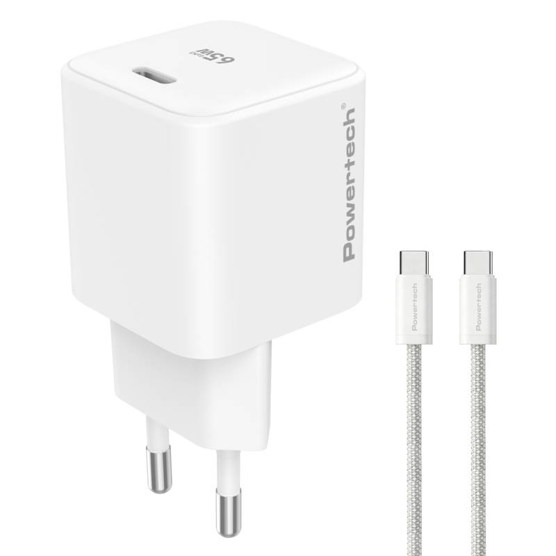 Powertech φορτιστής τοίχου PT-1577 με καλώδιο, USB-C, 65W, GaN, AVS, λευκός Powertech φορτιστής τοίχου PT-1577 με καλώδιο, USB-C, 65W, GaN, AVS, λευκός