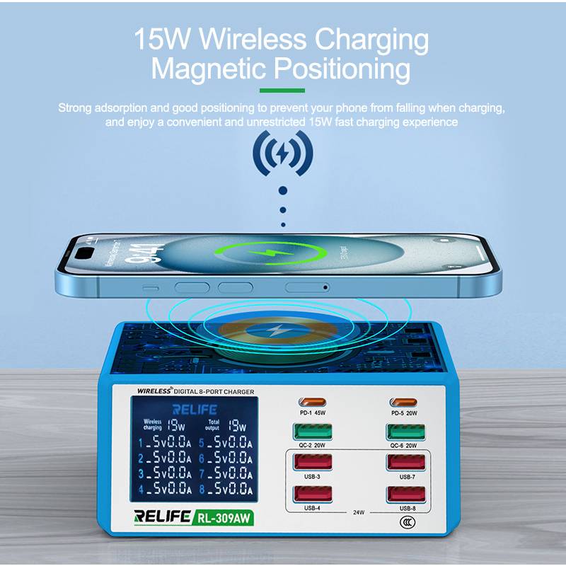 Relife σταθμός φόρτισης RL-309AW, 6x USB/2x USB-C/wireless, 100W, λευκός – φωτογραφία 3