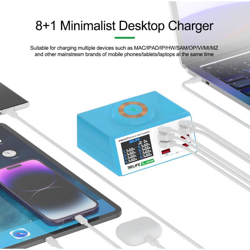 Relife σταθμός φόρτισης RL-309AW, 6x USB/2x USB-C/wireless, 100W, λευκός – φωτογραφία 4