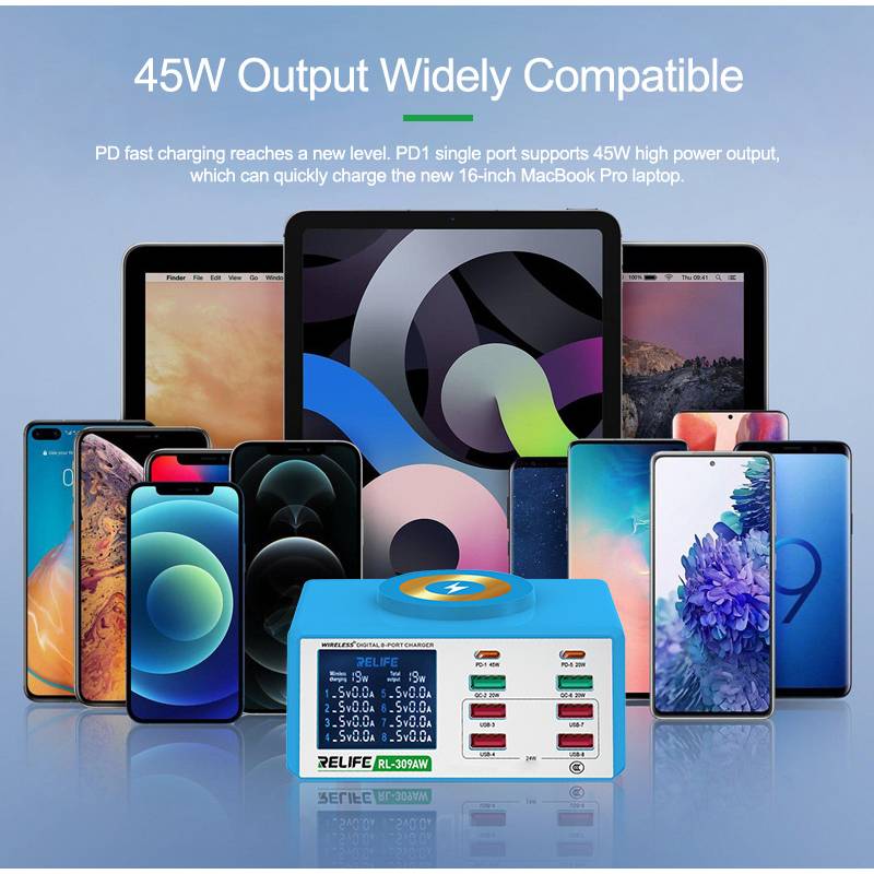 Relife σταθμός φόρτισης RL-309AW, 6x USB/2x USB-C/wireless, 100W, λευκός – φωτογραφία 5