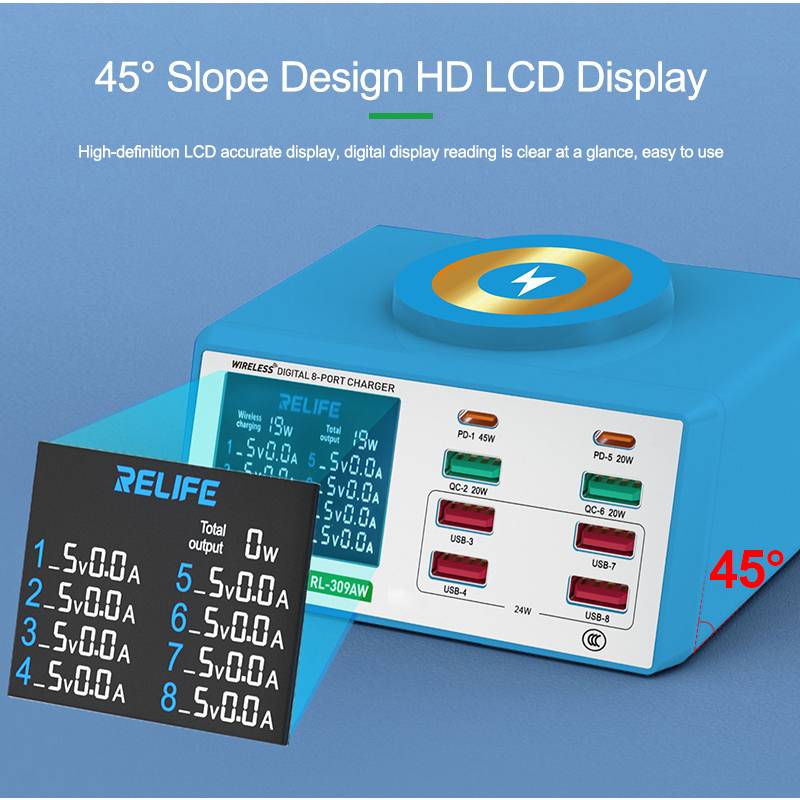 Relife σταθμός φόρτισης RL-309AW, 6x USB/2x USB-C/wireless, 100W, λευκός – φωτογραφία 6