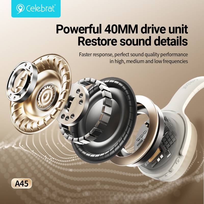 Celebrat headphones A45, ασύρματα & ενσύρματα, micro SD, 40mm, 250mAh, μαύρα – φωτογραφία 3