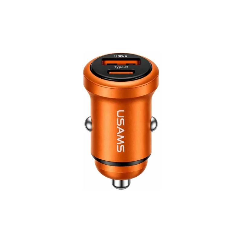 USAMS φορτιστής αυτοκινήτου CC322, USB & USB-C, 30W, πορτοκαλί